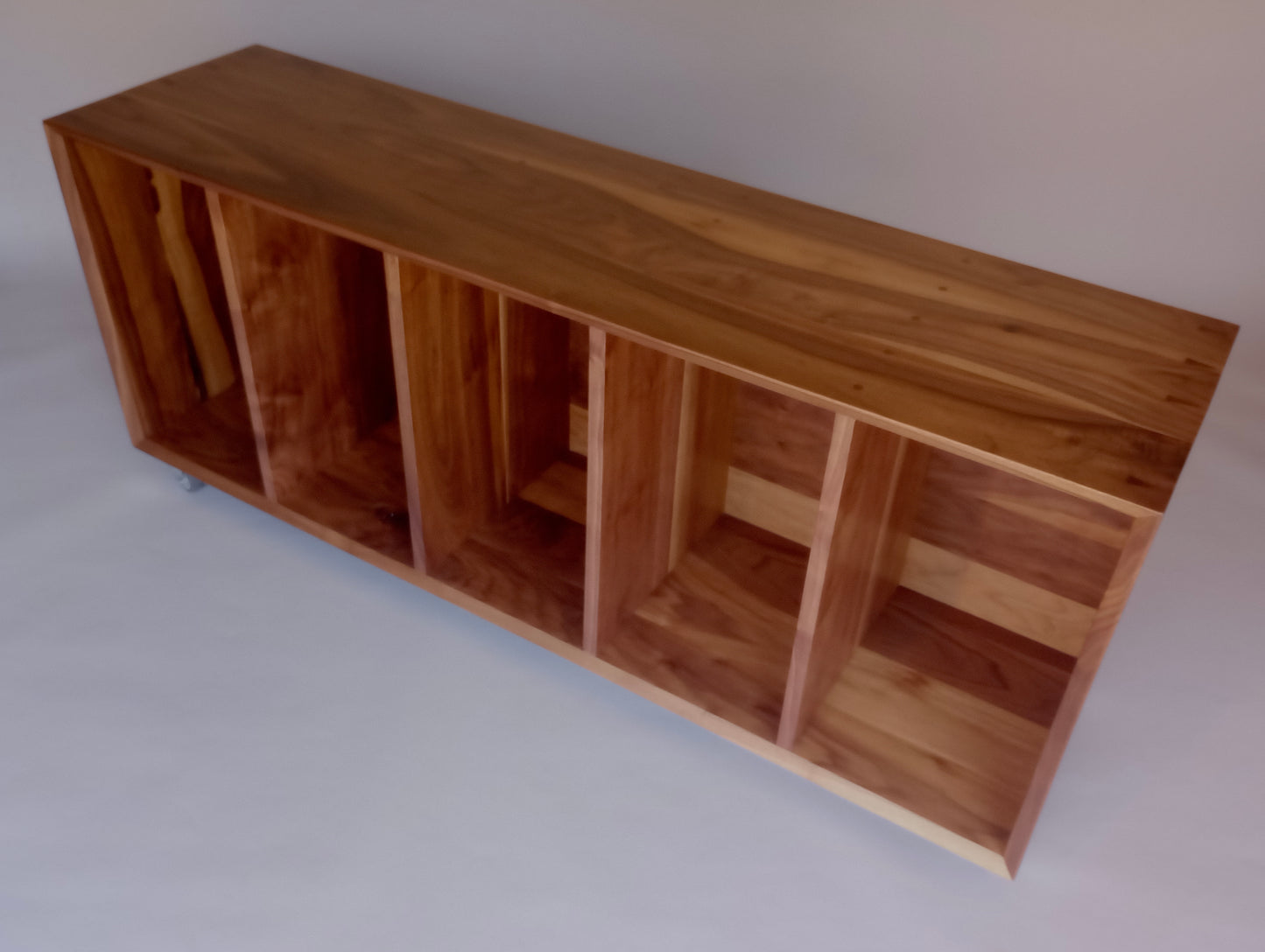 Walnut basket storage console on wheels