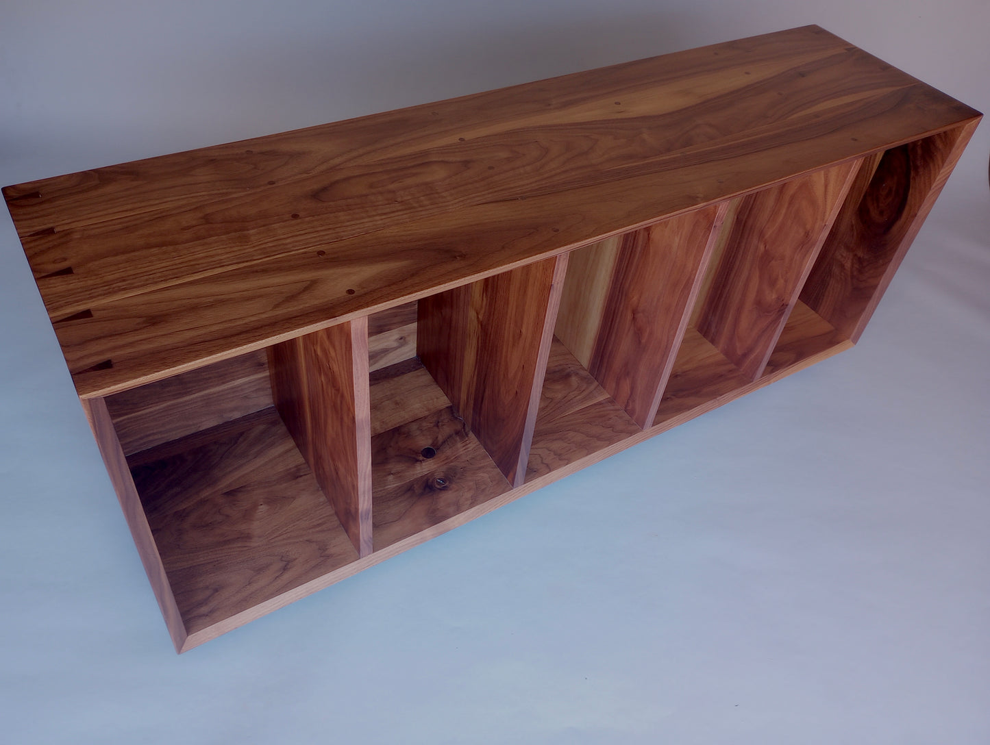 Walnut basket storage console on wheels